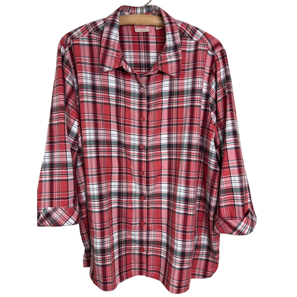 Chic Button Up Women 2X Red Plaid 3/4 Sleeve Casual Comfort Collection Blouse C1